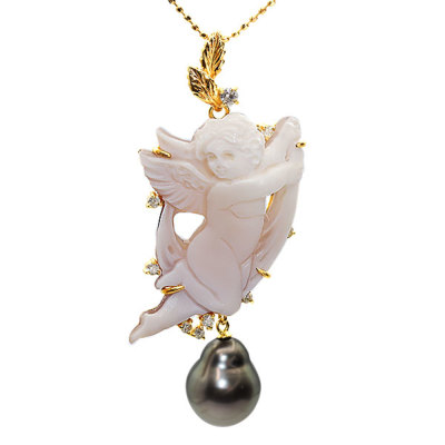 限定1本 K18YG 天使のカメオ パール ダイヤモンド ペンダントトップ
