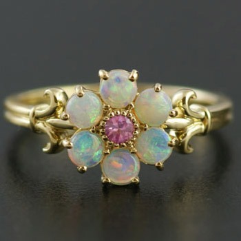オパール×ピンクサファイア フラワーリング PT900 K18 K10対応 ローズ