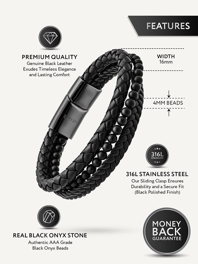 Black Onyx Stackable Leather Bracelet | Beaded Bracelet
