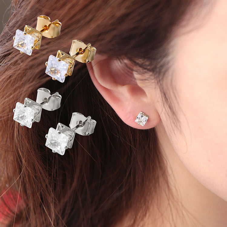 1粒 スクエア ストーン ピアス 5mm ニッケルフリー 低アレルギー 素材