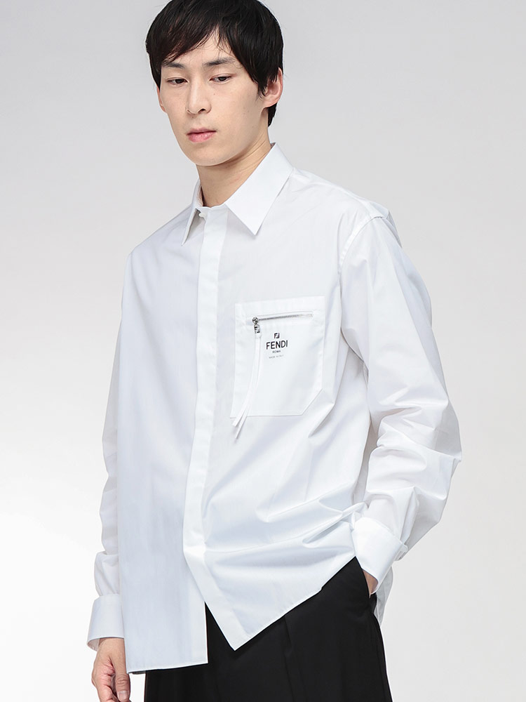 FENDI (フェンディ) ロゴ 無地 ジップポケット 長袖 シャツ