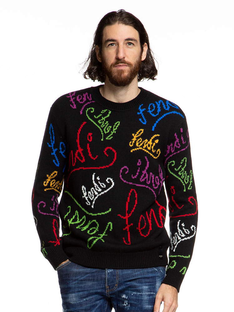 FENDI フェンディ マルチカラー ロゴ 総柄 クルーネック ニット プル