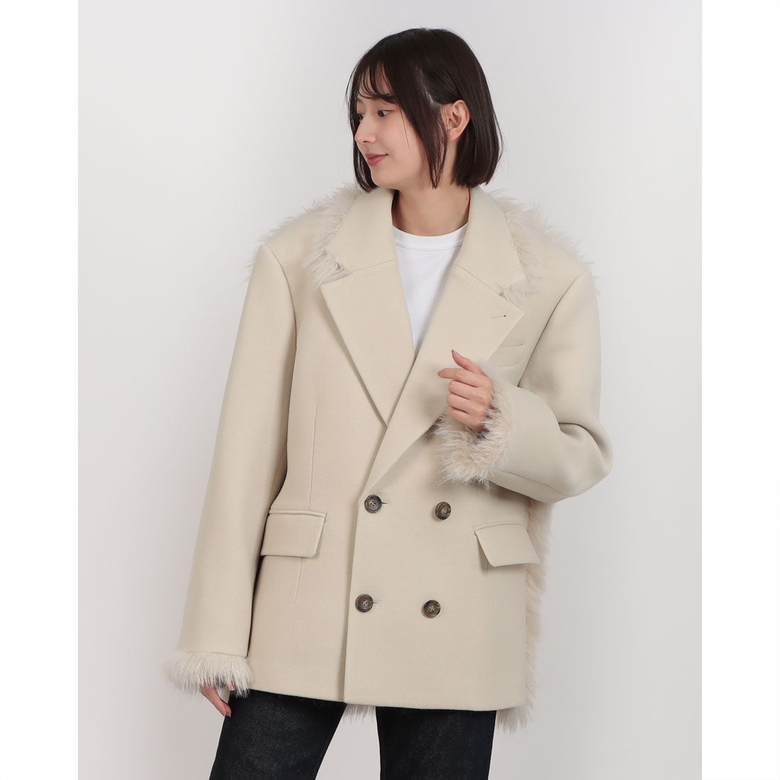 クラネ CLANE FAKE FUR DOCKING OVER COAT（ECRU） - ファッション通販