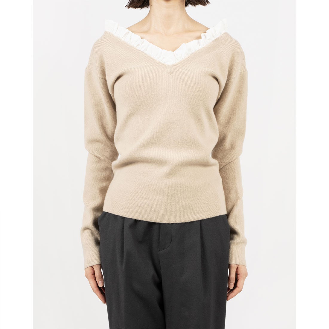 クラネ CLANE 2WAY FRILL V NECK KNIT TOPS （BEIGE） - ファッション