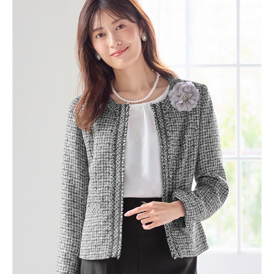 Alotta 入学式卒業式に！フリンジ使いツイードノーカラージャケット