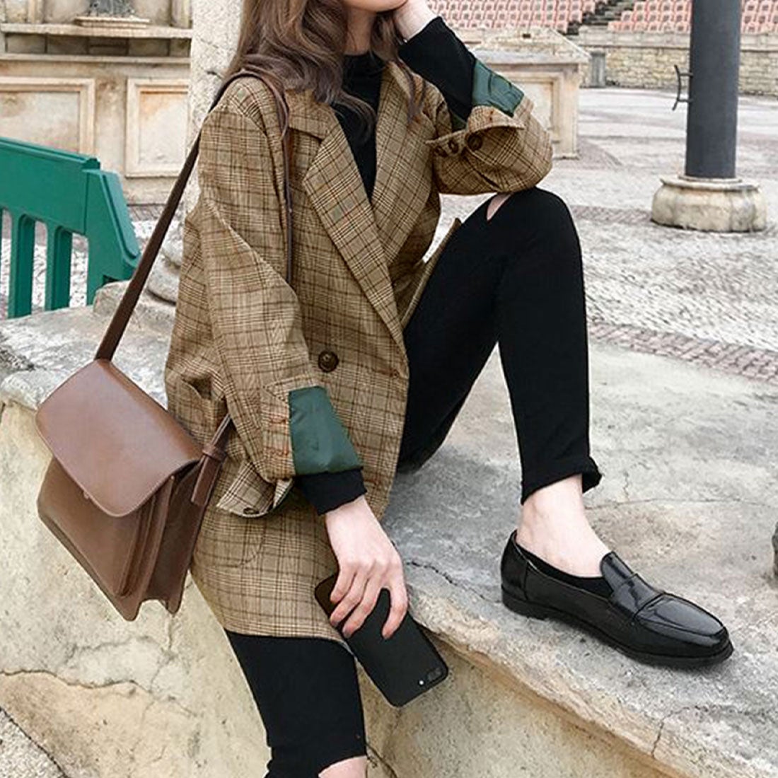 ジュノア JUNOAH チェック柄テーラードジャケット 韓国ファッション