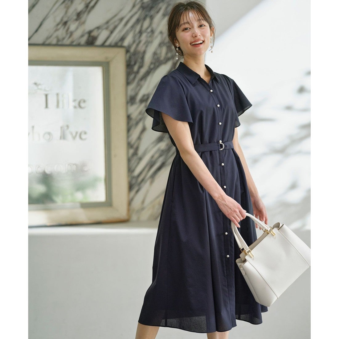 ANY SIS 【洗える】ビューティフレア シャツワンピース （ネイビー