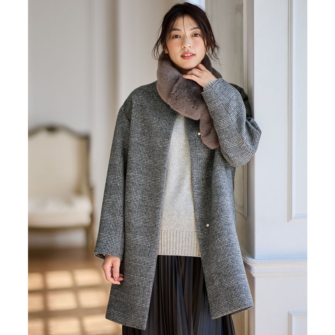 エニィ ANY 【防風裏地】カシミヤブレンドコート （グレンチェック