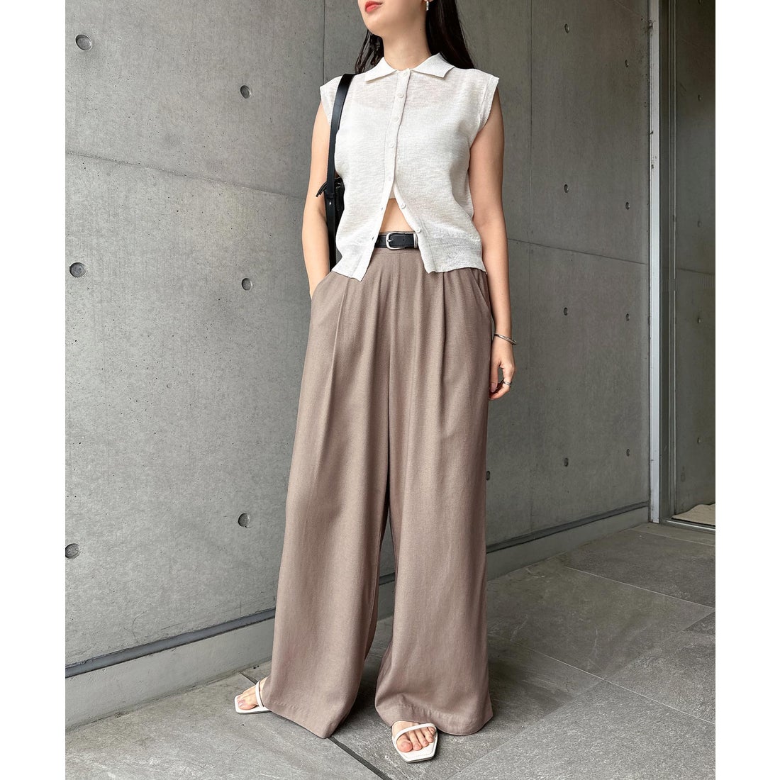アンドミー andme レーヨンリネンタックワイドパンツ ウエストゴム
