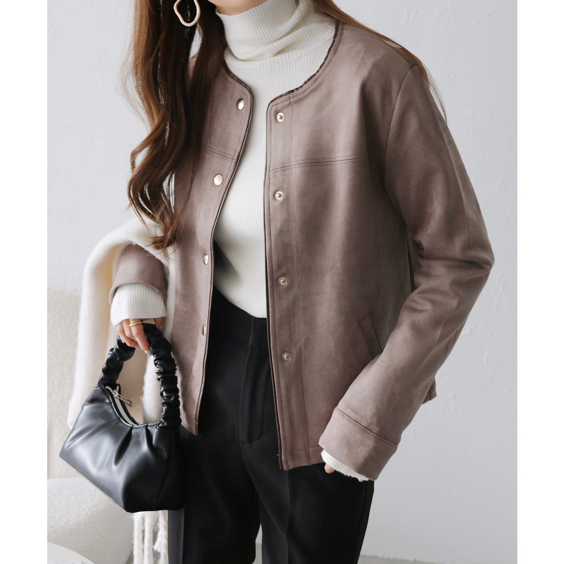 アンドミー andme フェイクスエードノーカラーライダースジャケット