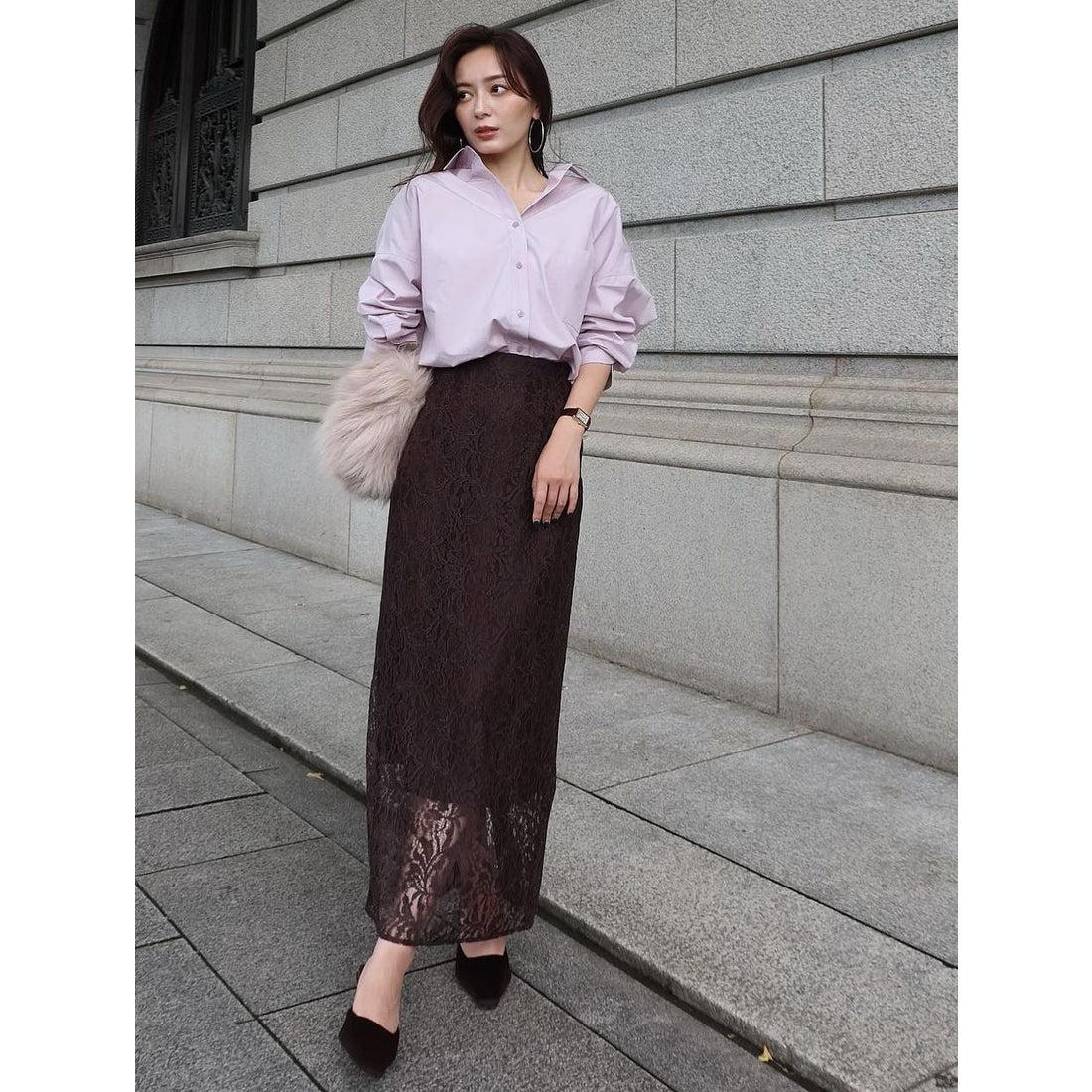 アニュアンス anuans コードレースハイウエストタイトスカート （BROWN