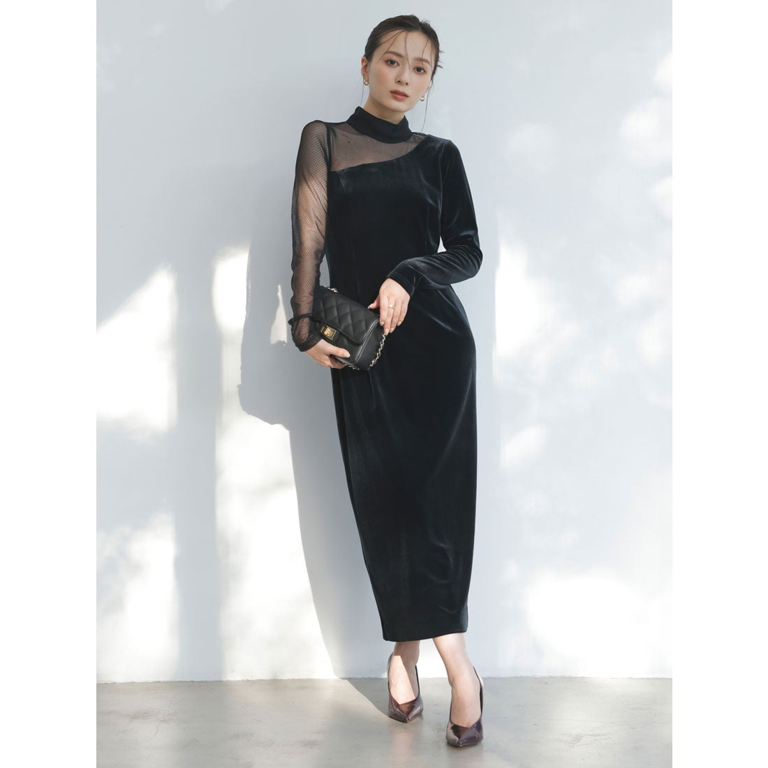 アニュアンス anuans シアーコンビタイトワンピース （BLACK