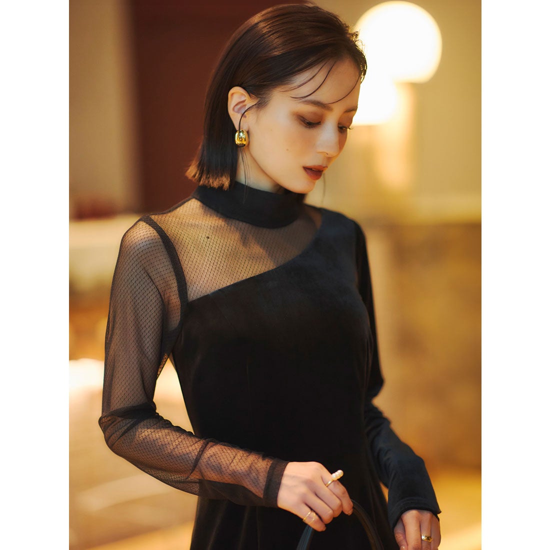 アニュアンス anuans シアーコンビタイトワンピース （BLACK