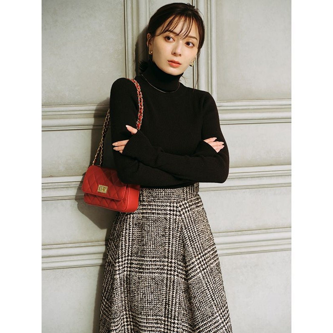 アニュアンス anuans ウールチェックツイードフレアスカート （BLACK