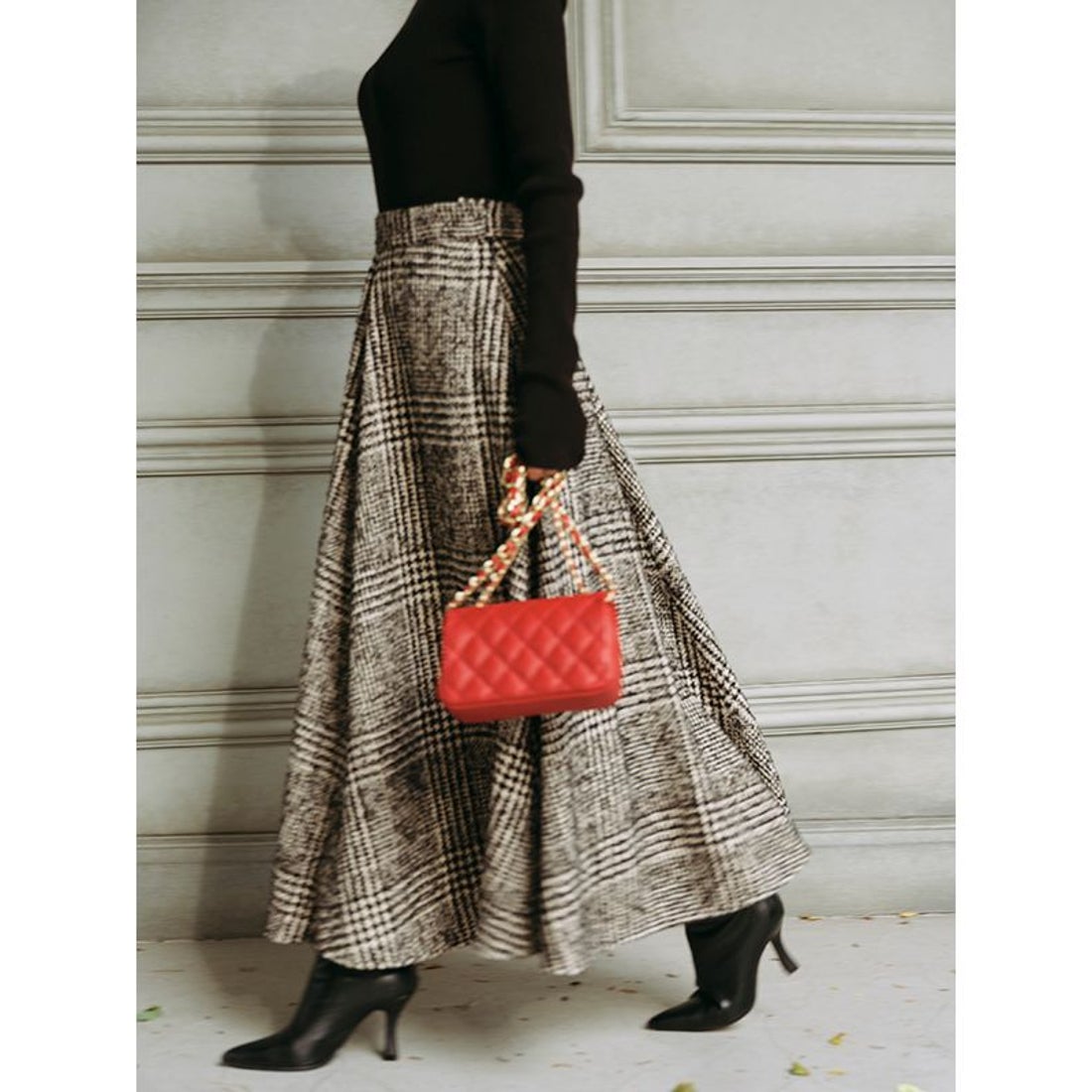 アニュアンス anuans ウールチェックツイードフレアスカート （BLACK