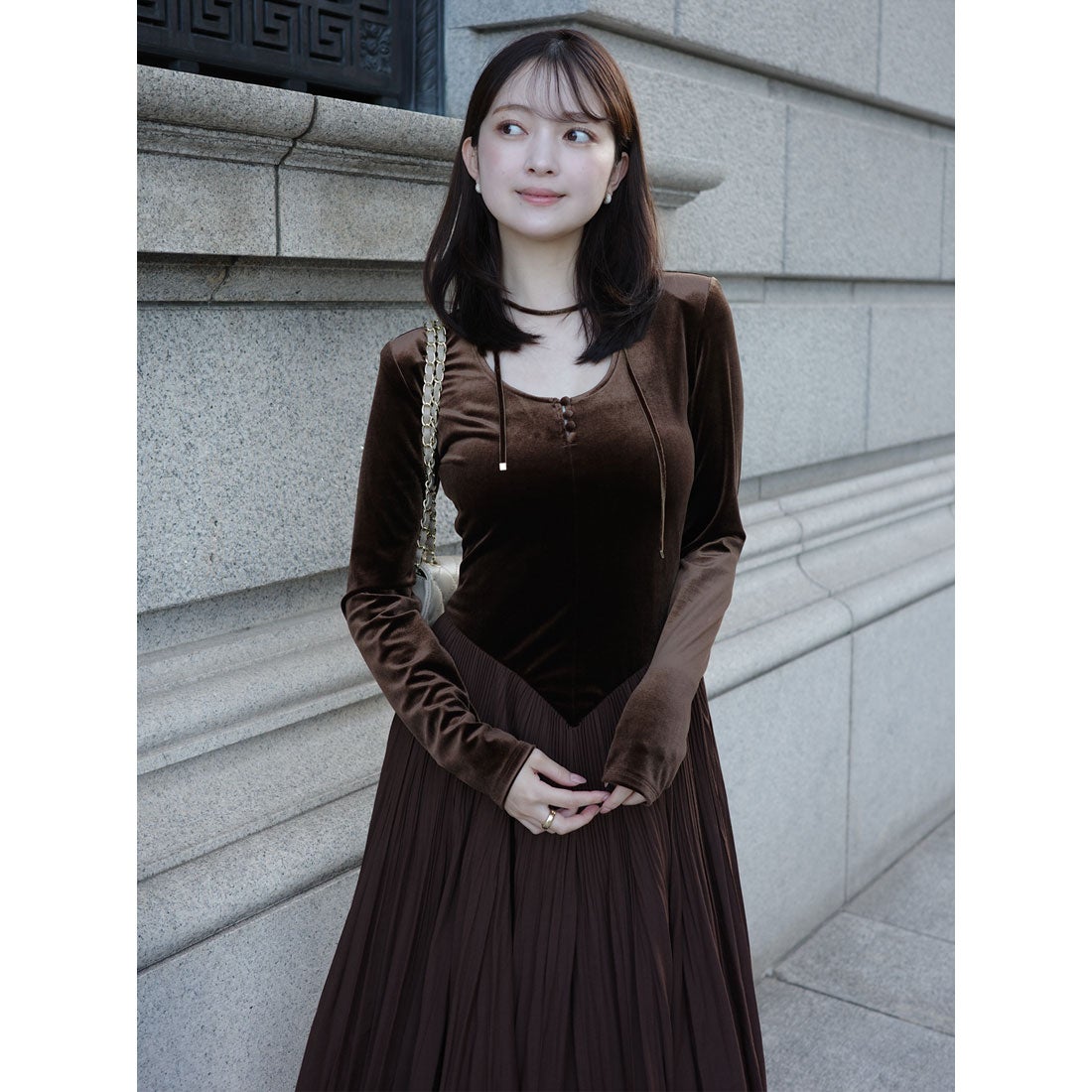 アニュアンス anuans ベロアシフォンドッキングワンピース （BROWN