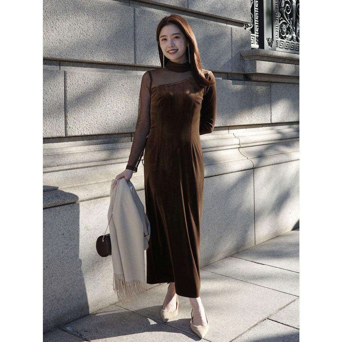 アニュアンス anuans シアーコンビタイトワンピース （BROWN） -靴