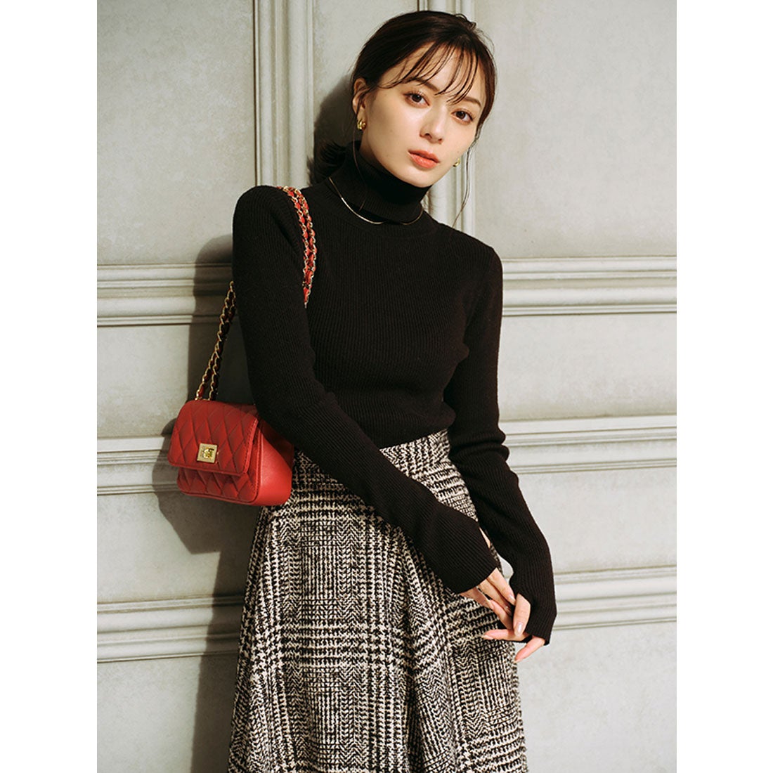 アニュアンス anuans ウールチェックツイードフレアスカート （BLACK