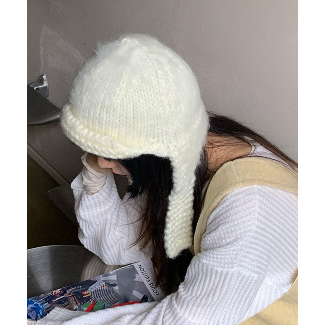 アイモハ aimoha 韓国風 モヘアフライトニットキャップ （ホワイト