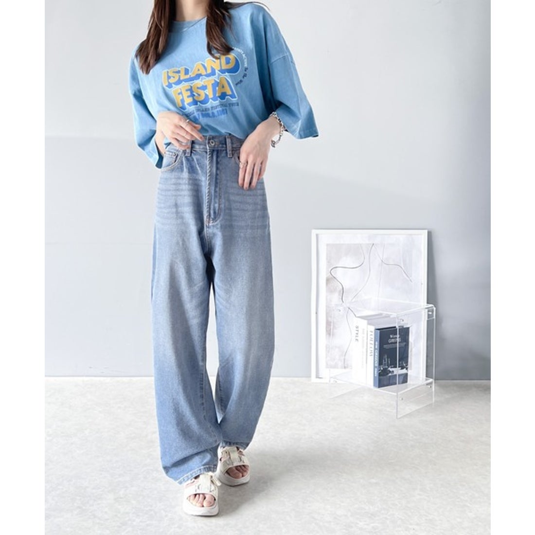 Classical Elf ゆったりハイウエストワイドストレート無地デニム
