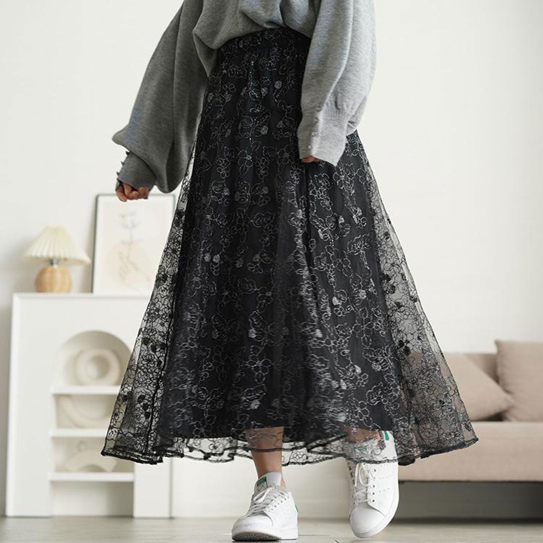 ゴールドジャパン GOLDJAPAN ラメ花柄刺繍チュールフレアスカート