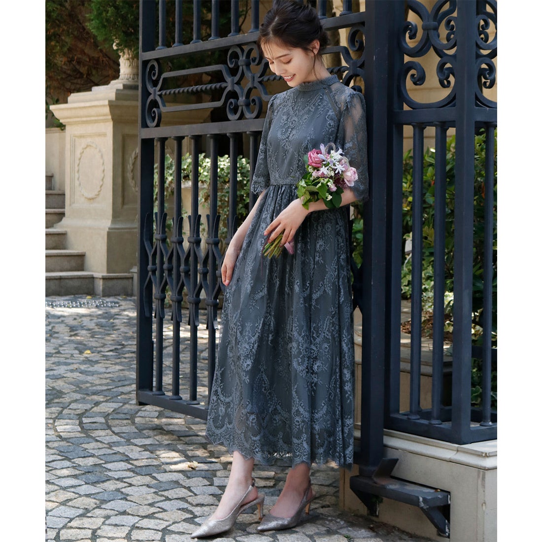 ガール GIRL ハイネック5分袖総レース フレア ロング 結婚式