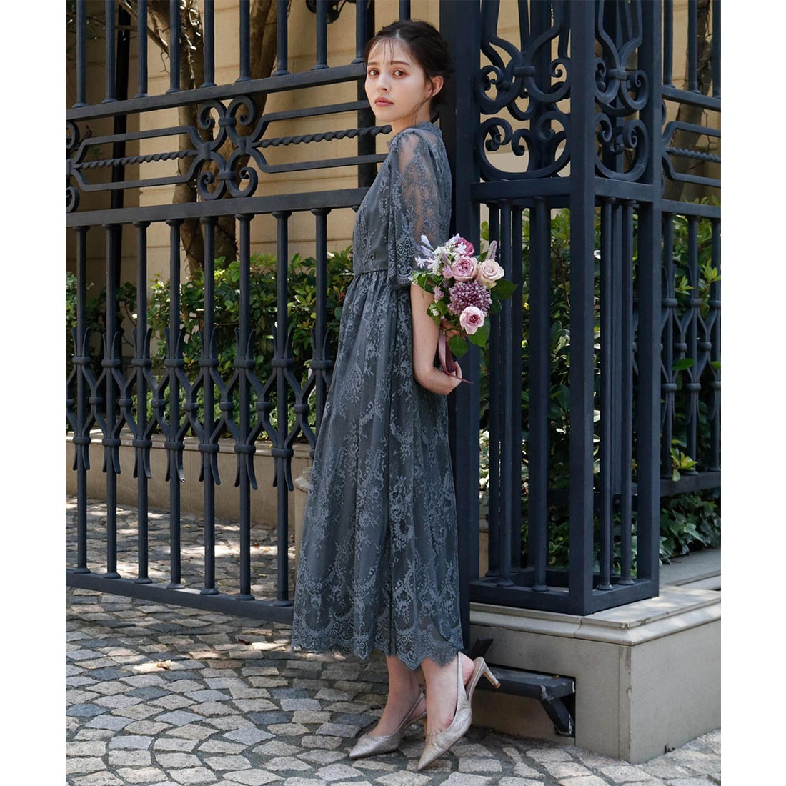 ガール GIRL ハイネック5分袖総レース フレア ロング 結婚式