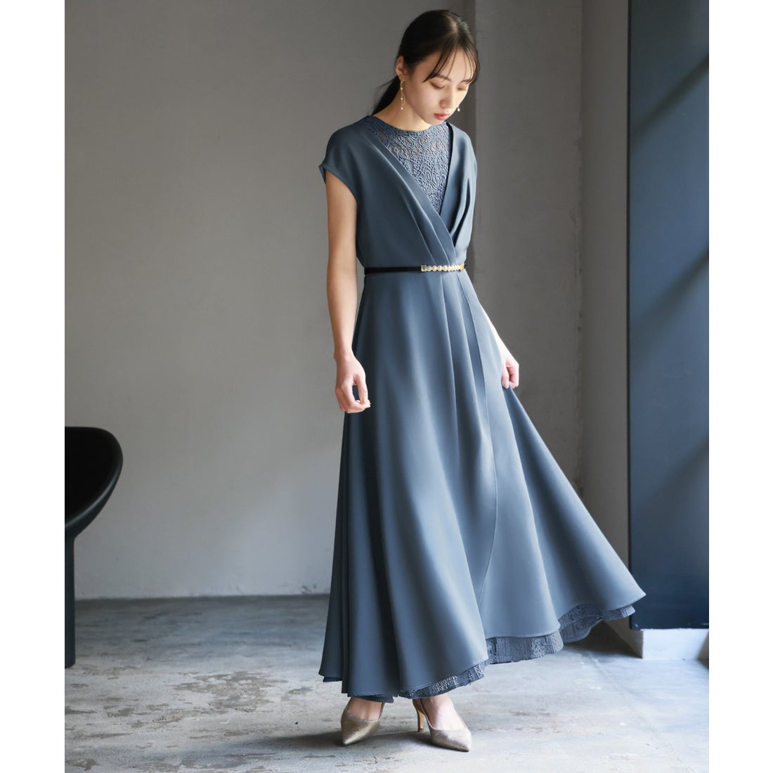 ガール GIRL パールベルト付きカシュクール風レース切替え フレア