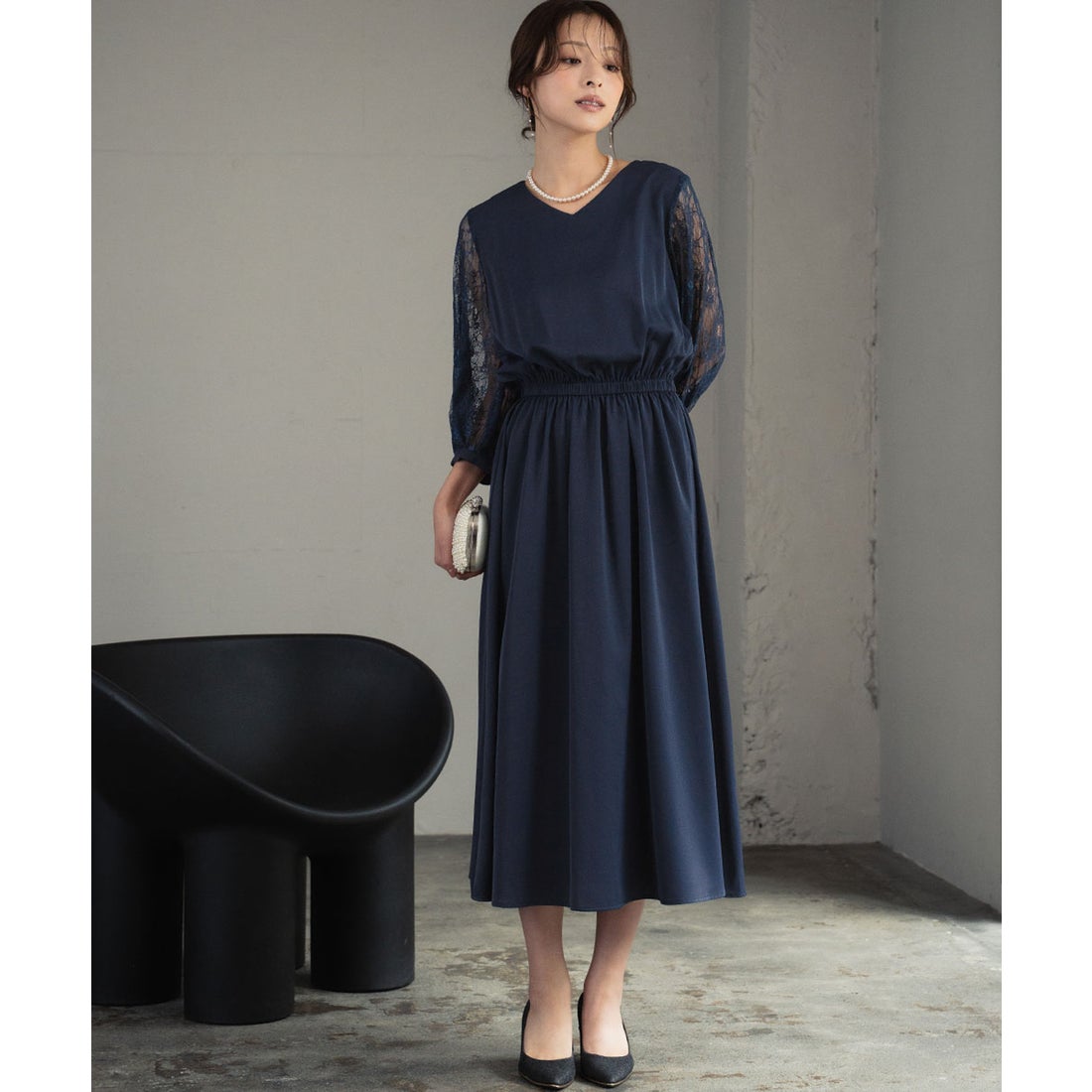 ガール GIRL フラワーレーススリーブ ミモレ丈 結婚式 ワンピース