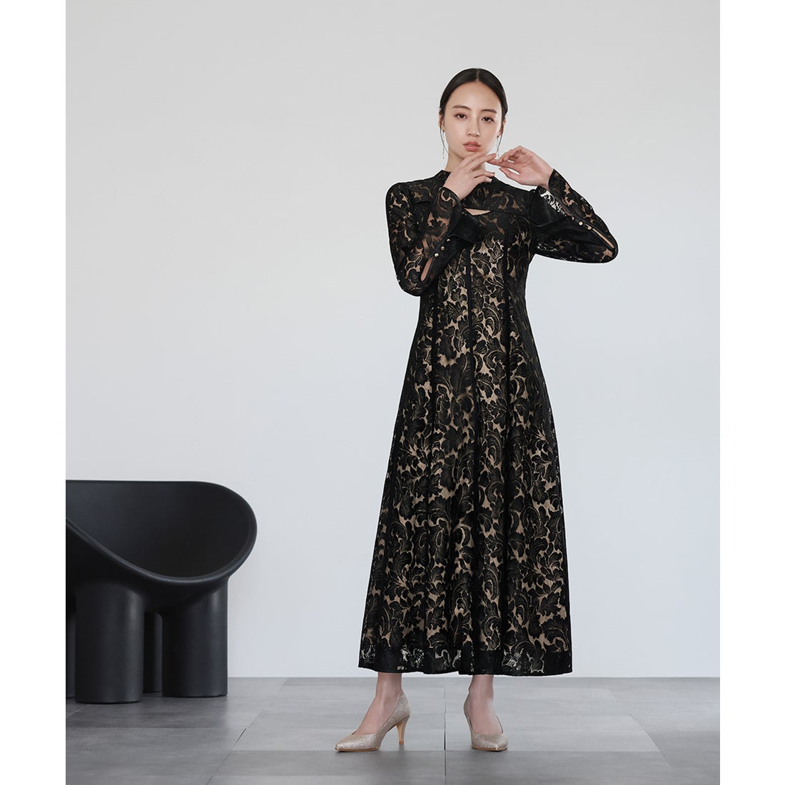 ガール GIRL スタンドカラー総レース フレア ロング 結婚式 ワンピース