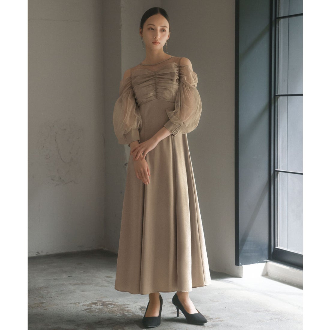 ガール GIRL オープンショルダーチュールギャザー フレアロング 結婚式