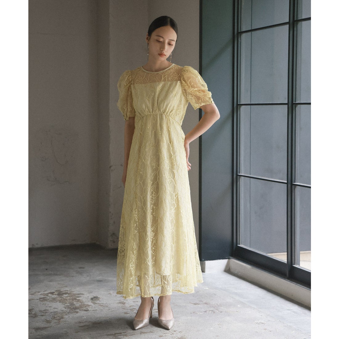 ガール GIRL パフスリーブ総レース フレア ロング 結婚式 ワンピース