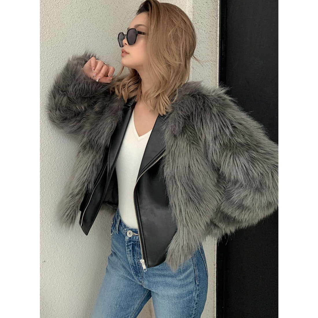 ジェイダ GYDA レイヤードエコファーライダースジャケット （グレー