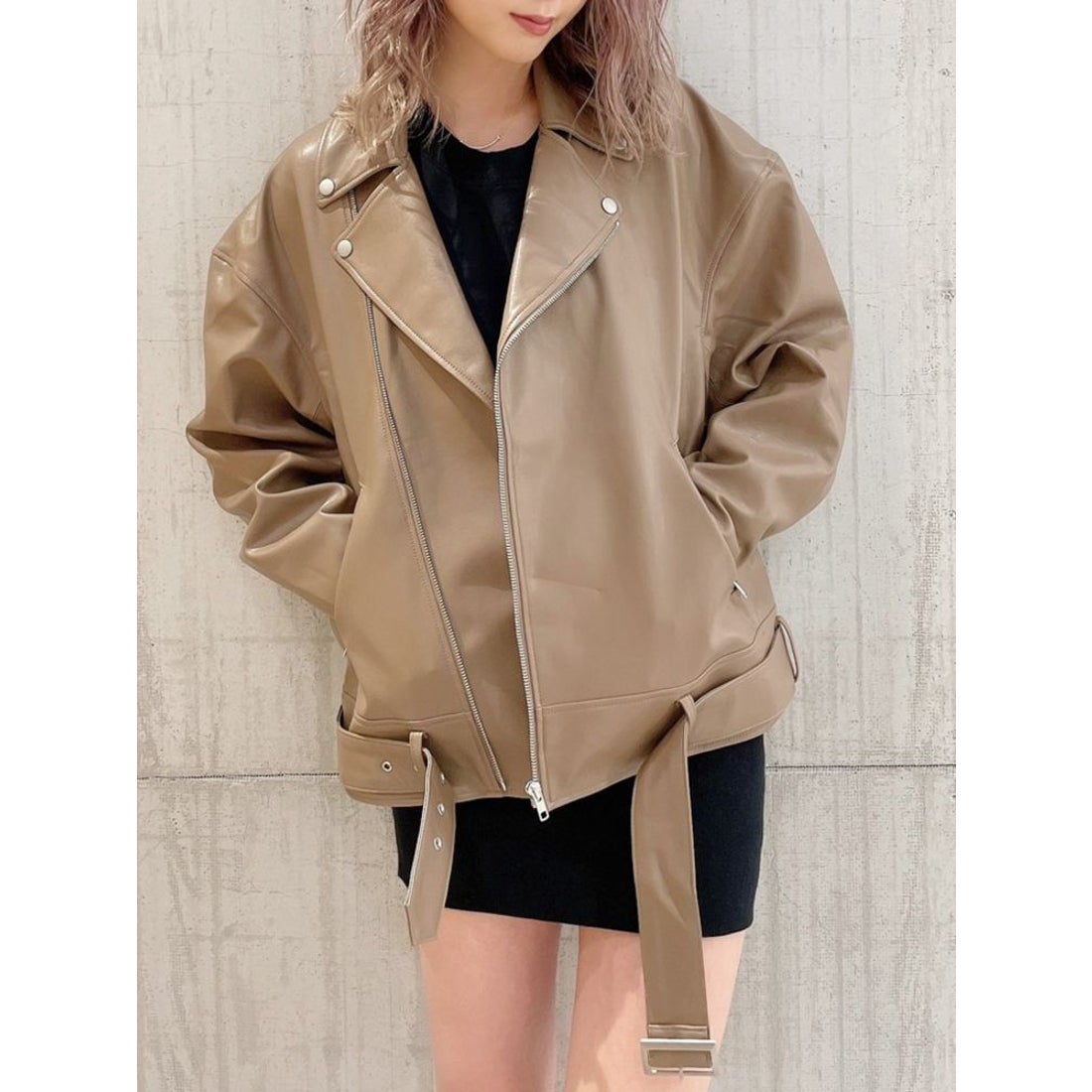 GYDA フェイクレザーBIG ライダースジャケット（ベージュ） -靴