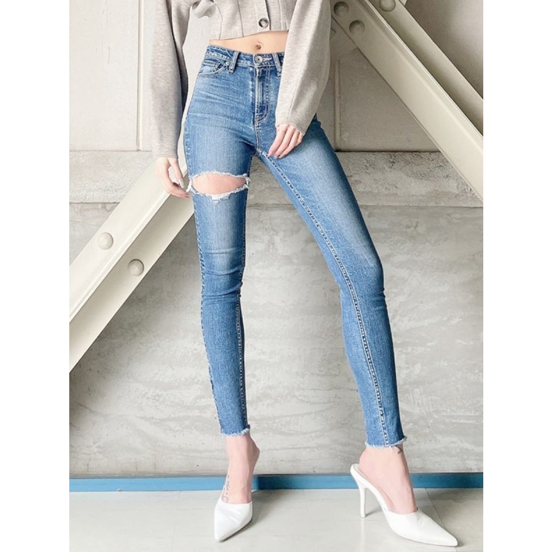 GYDA M/W HEM ZIPスキニーデニムパンツ（ブルー） -靴＆ファッション