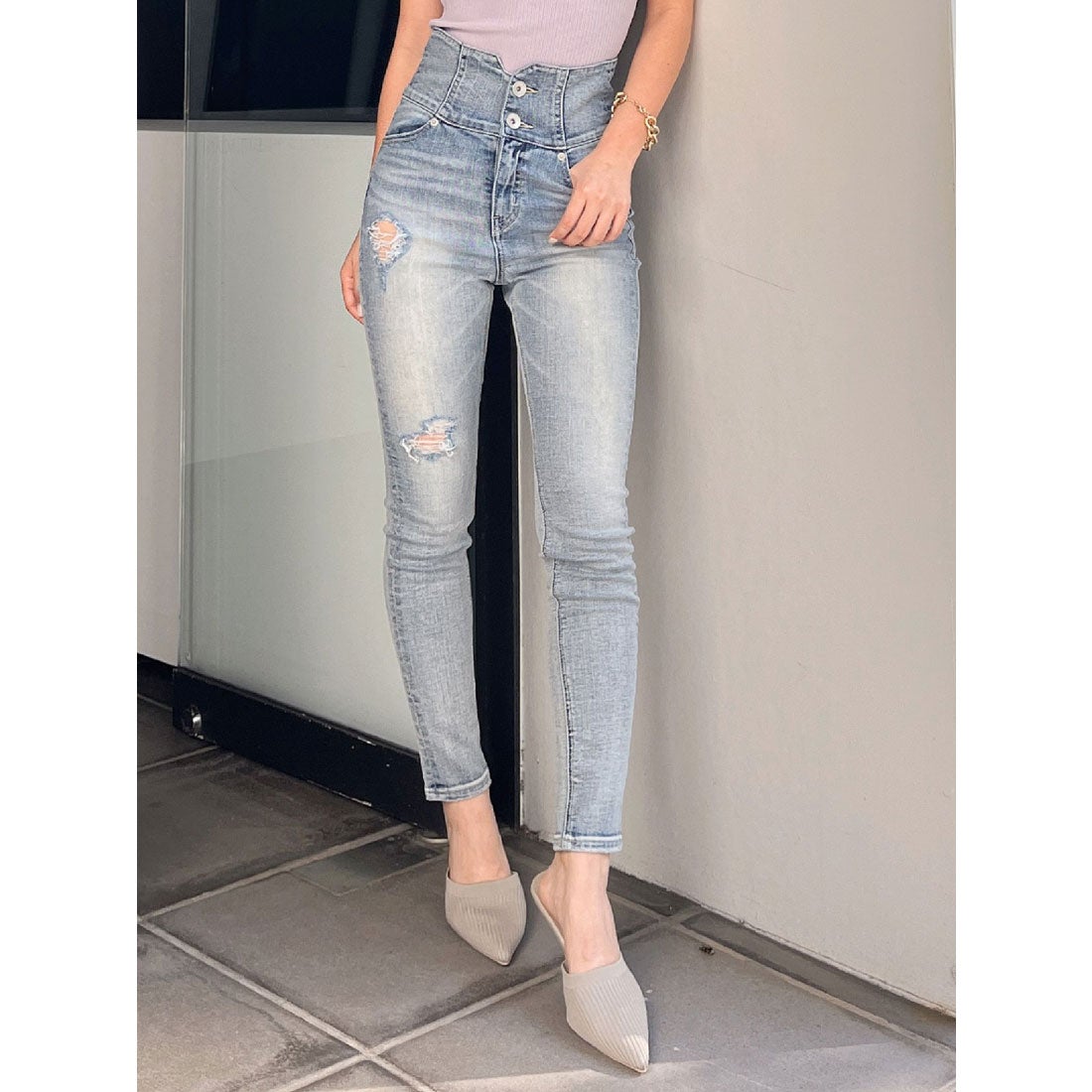 ジェイダ GYDA ハイウエストVカットダメージスキニーデニムパンツ