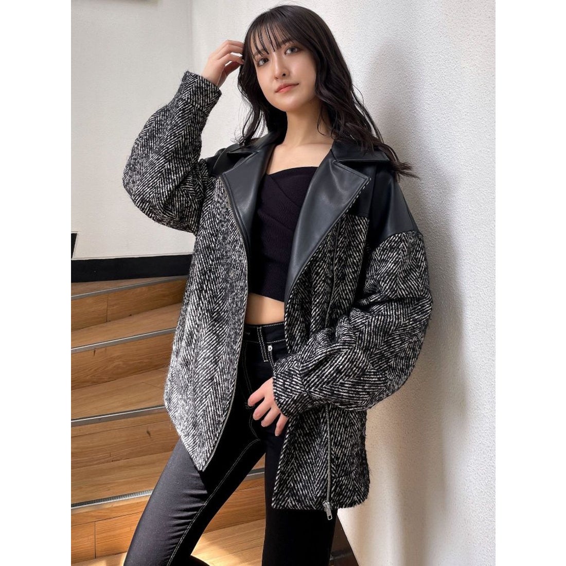 ジェイダ GYDA 【SETUP着用可】ツイード異素材ライダースジャケット