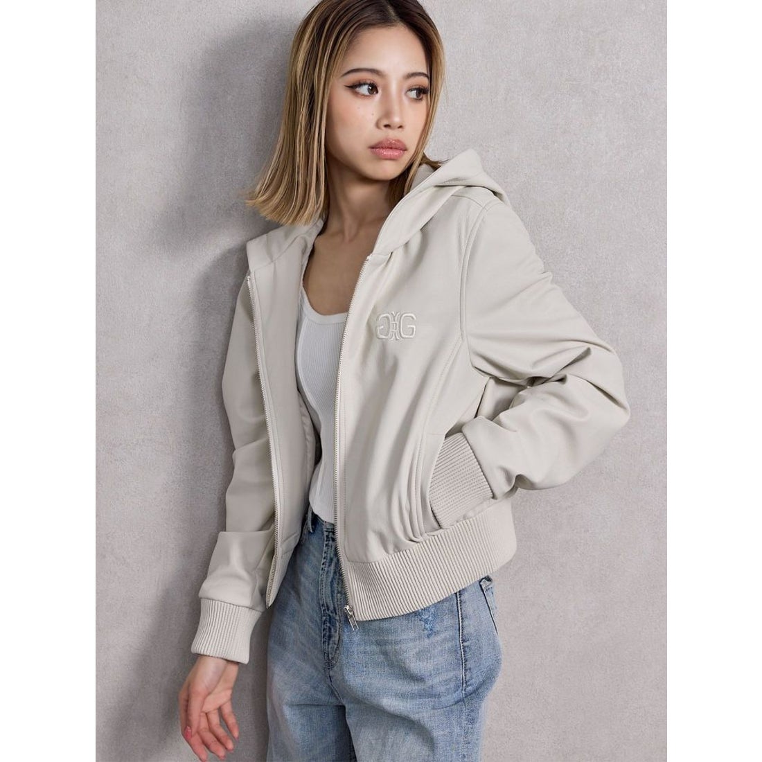 ジェイダ GYDA フーディーフェイクレザーコート （ブラック