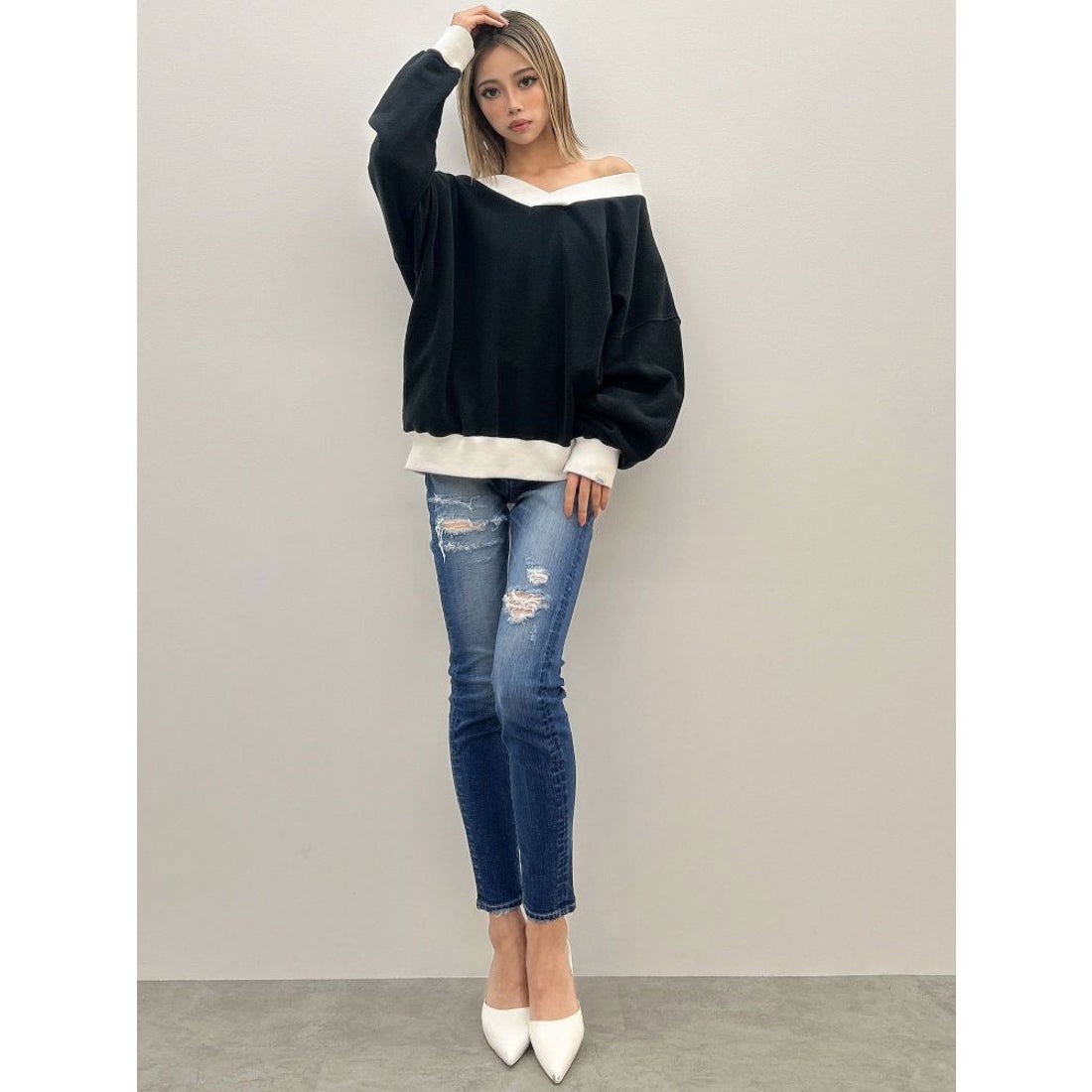 ジェイダ GYDA Wウエストダメージスキニーデニムパンツ （アイスブルー