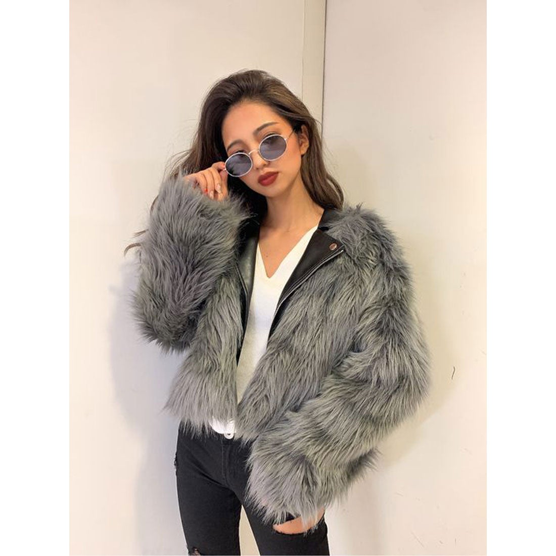 ジェイダ GYDA レイヤードエコファーライダースジャケット （グレー