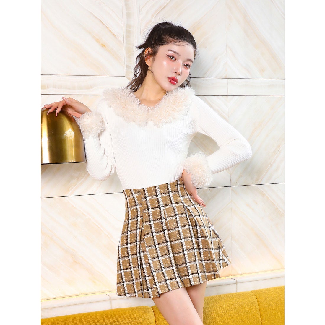 ダーリッチ Darich チェックツイードフレアミニスカート （ベージュ