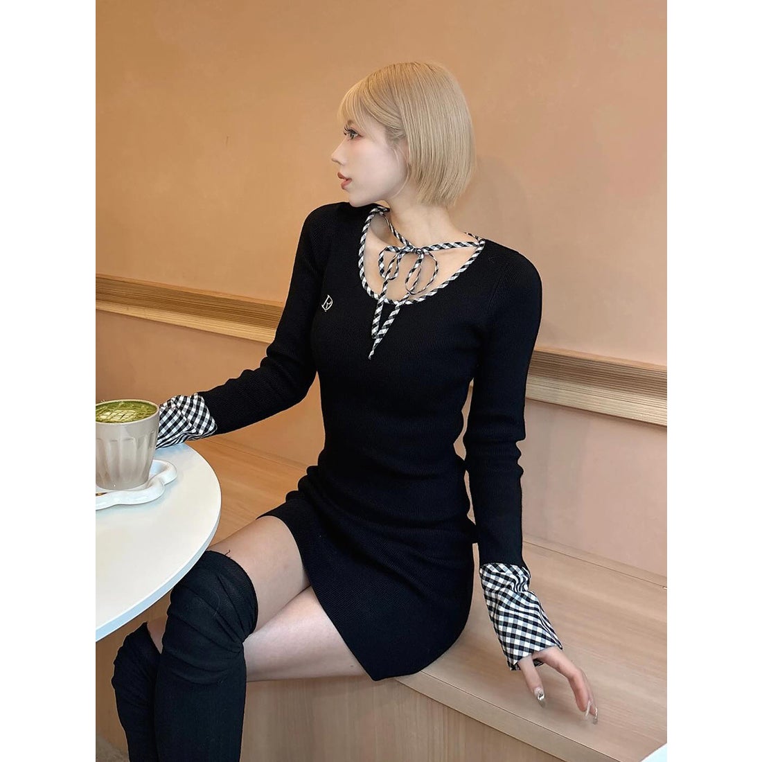 ダーリッチ Darich チェックリボンニットミニワンピース （ブラック