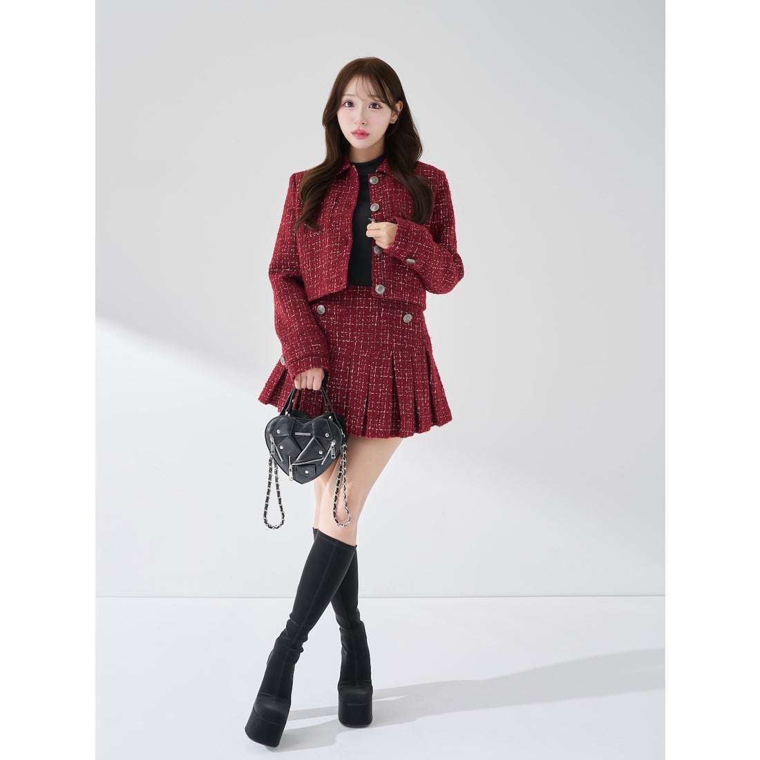 ダーリッチ Darich ツイードチェックプリーツミニスカート （ボルドー