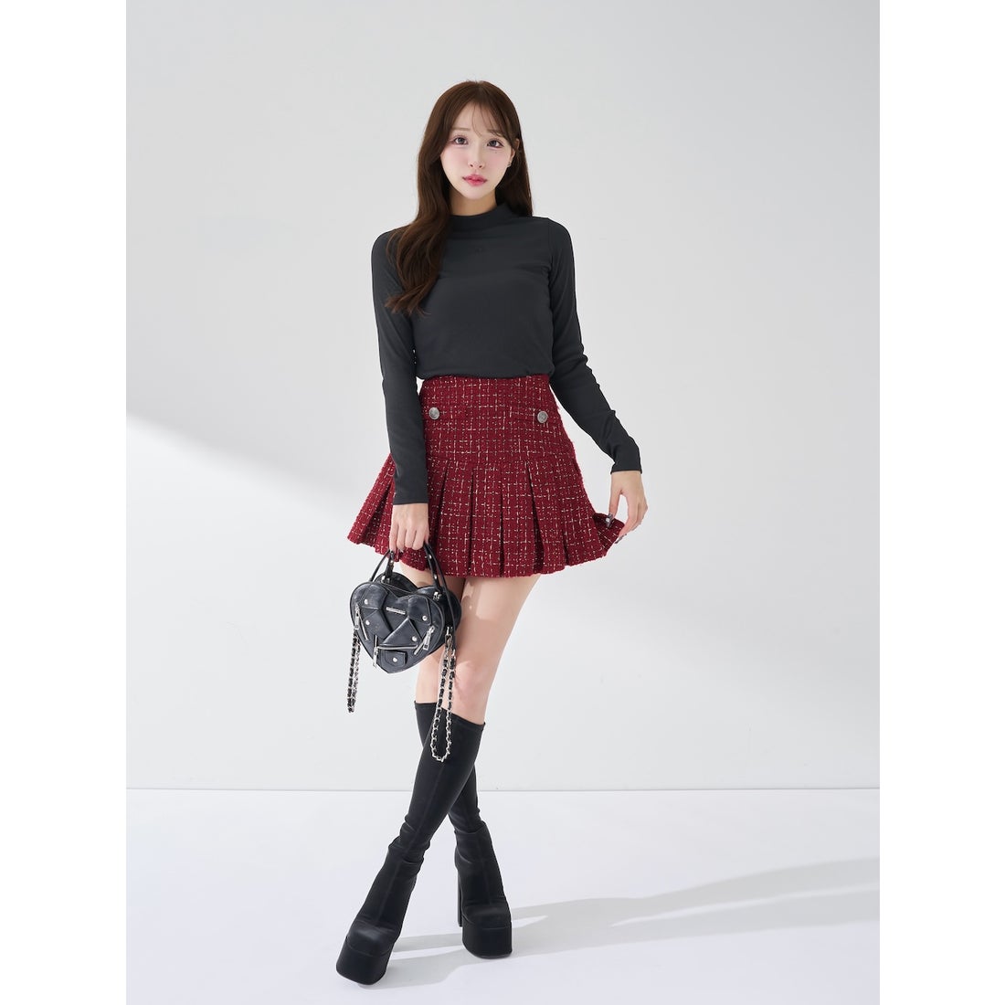 ダーリッチ Darich ツイードチェックプリーツミニスカート （ブラック