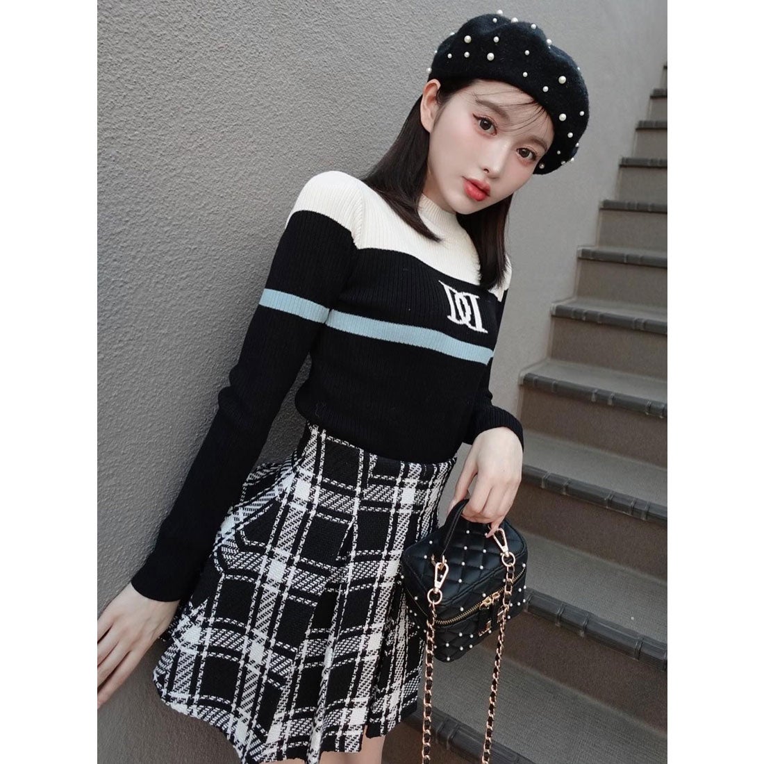 ダーリッチ Darich チェックツイードフレアミニスカート （ベージュ