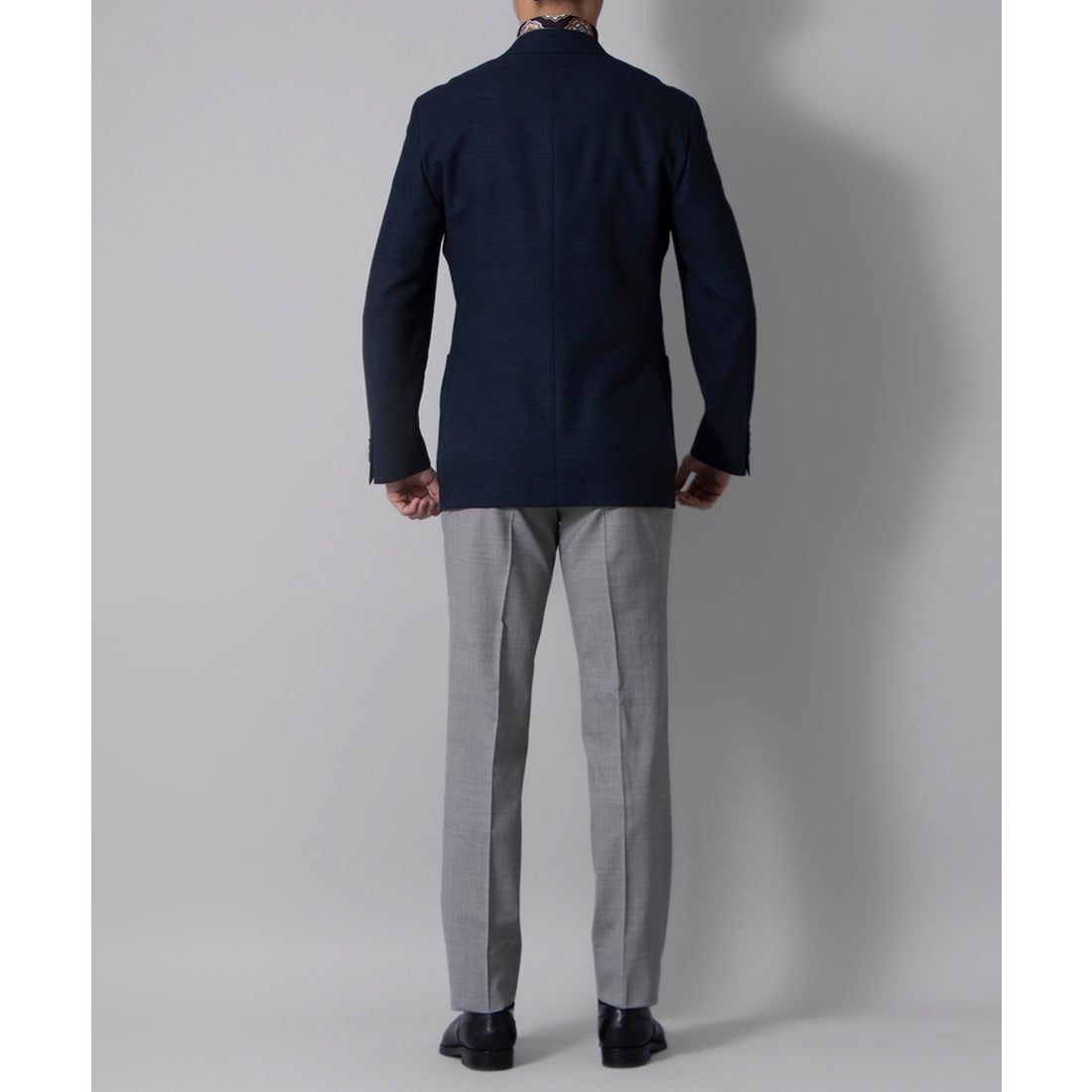 リネン混ネイビーグレンチェックジャケット （ブルー） -D'URBAN