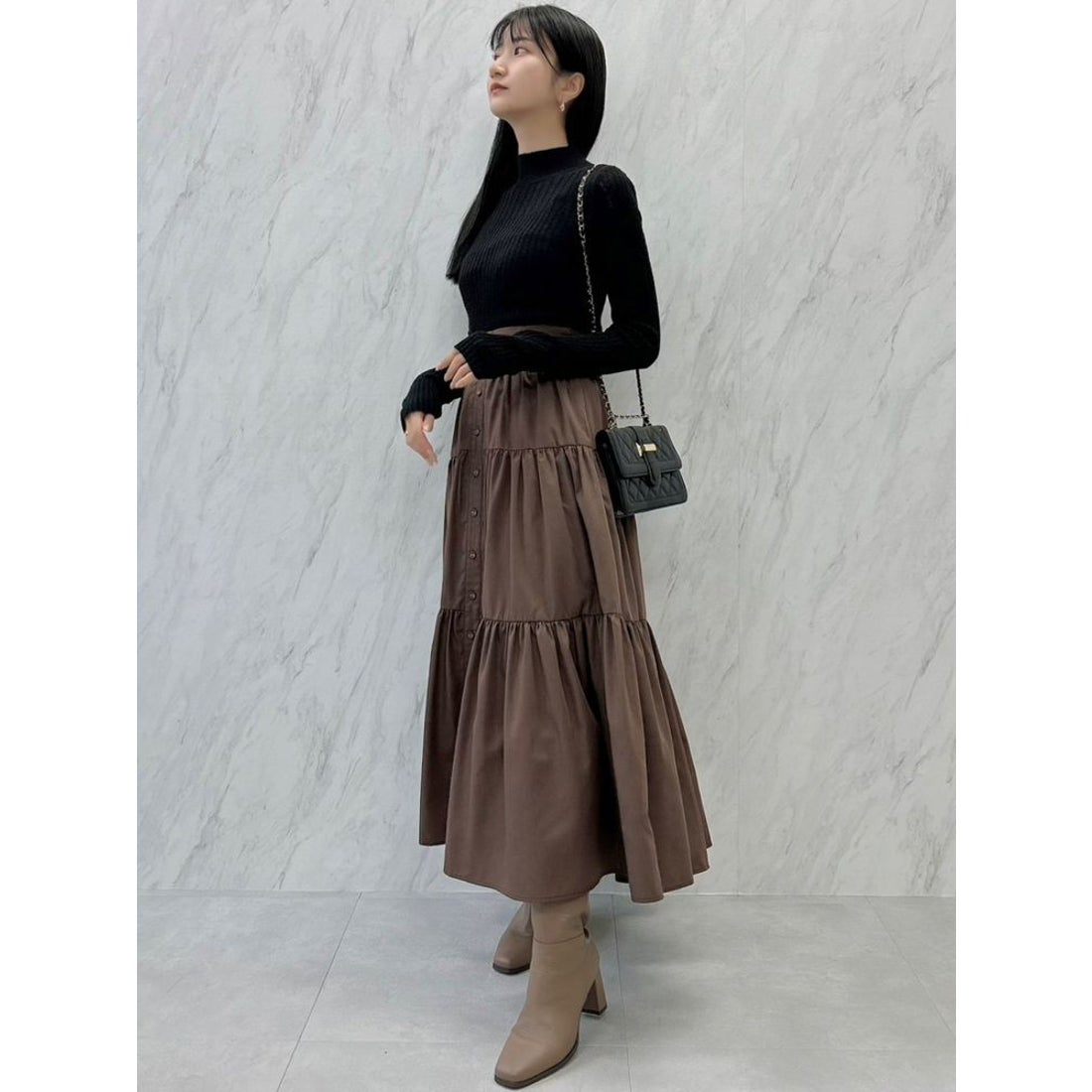 dazzlin ティアードフレアロングスカート（ブラウン） -ファッション