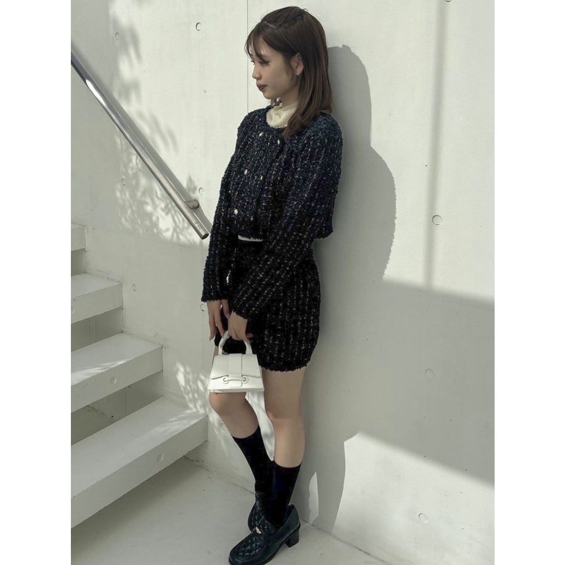 ダズリン dazzlin ツイードライクニットミニスカート （ブラック） -靴