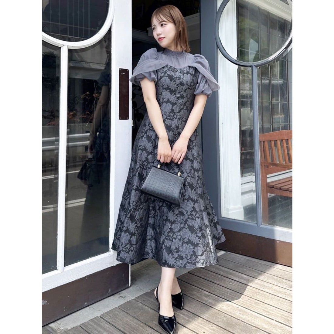 ダズリン dazzlin シアーベールジャガードワンピース （グレー） -靴