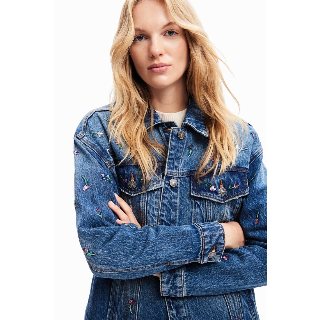 デシグアル 柄刺繍デニムジャケット スパンコール レース サテン 花柄